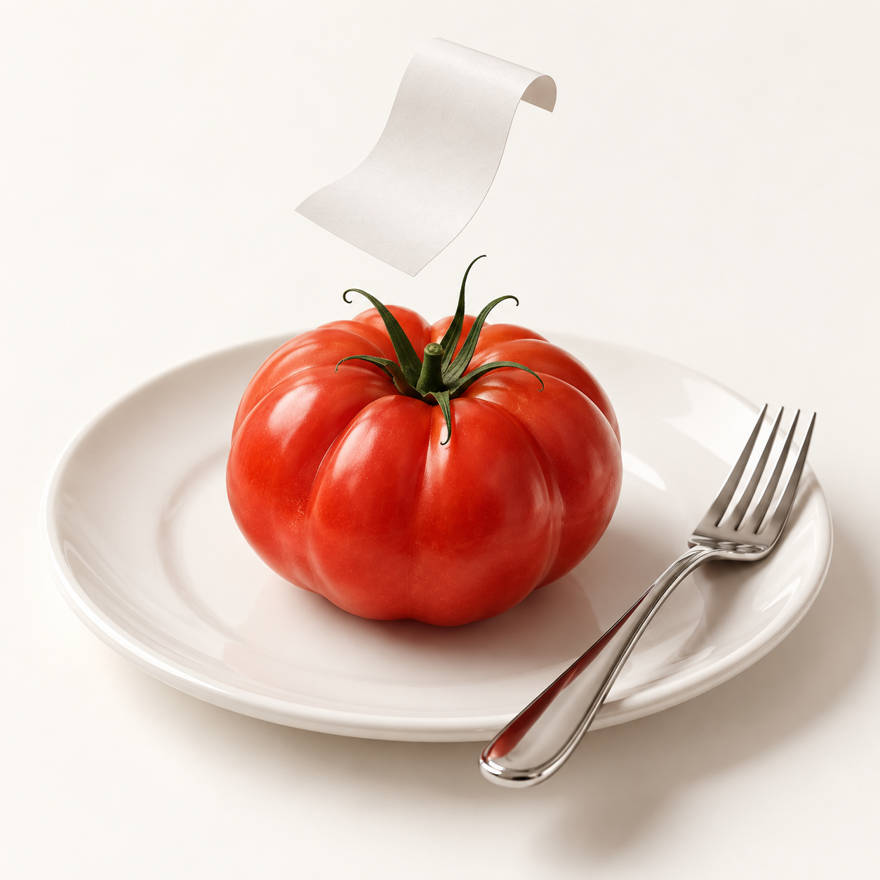 A bright red tomato on a ceramic plate, with a fork and a floating restaurant order ticket.