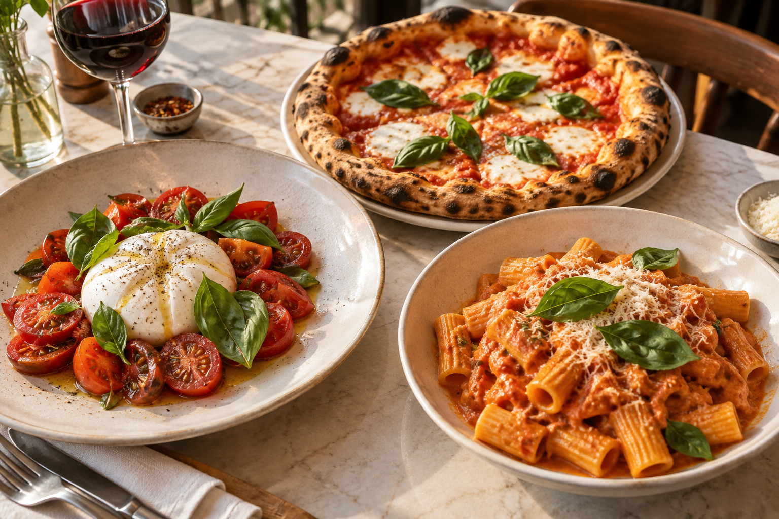 Burrata, margherita pizza and rigatoni served at a sunlit Italian restaurant table.